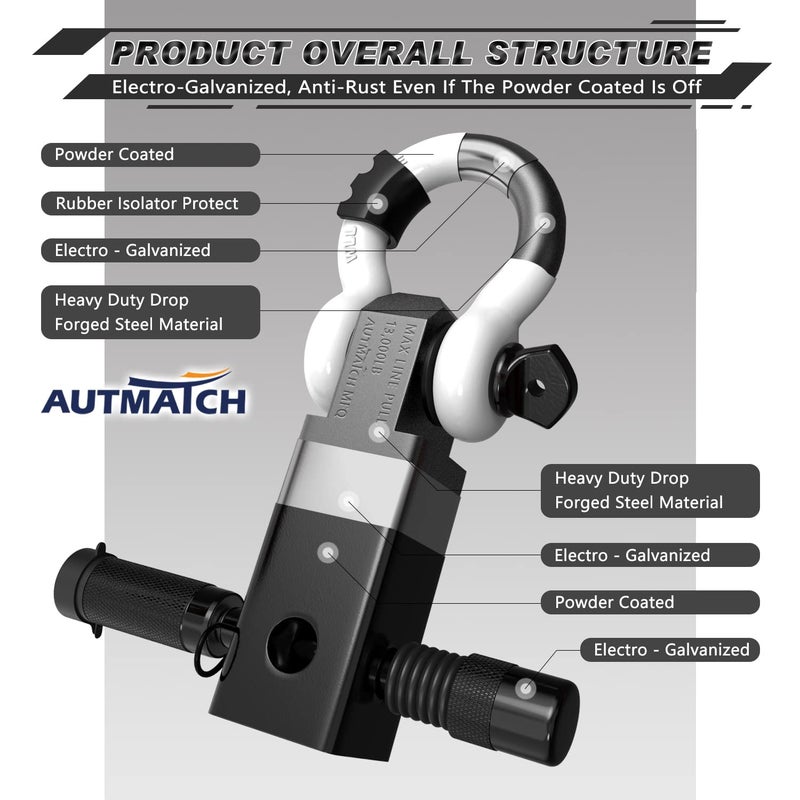 AUTMATCH Shackle Hitch Receiver 2 Inch - 3/4"" D Ring Shackle and 5/8"" Trailer Hitch Lock Pin  45 000 Lbs Break Strength Heavy Duty Receiver Towing Kit for Off-Road Vehicle Recovery  Black & White - Image 4